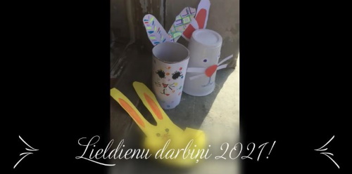 Aplicēti zaķi un uzraksts "Lieldienu darbiņi 2021"